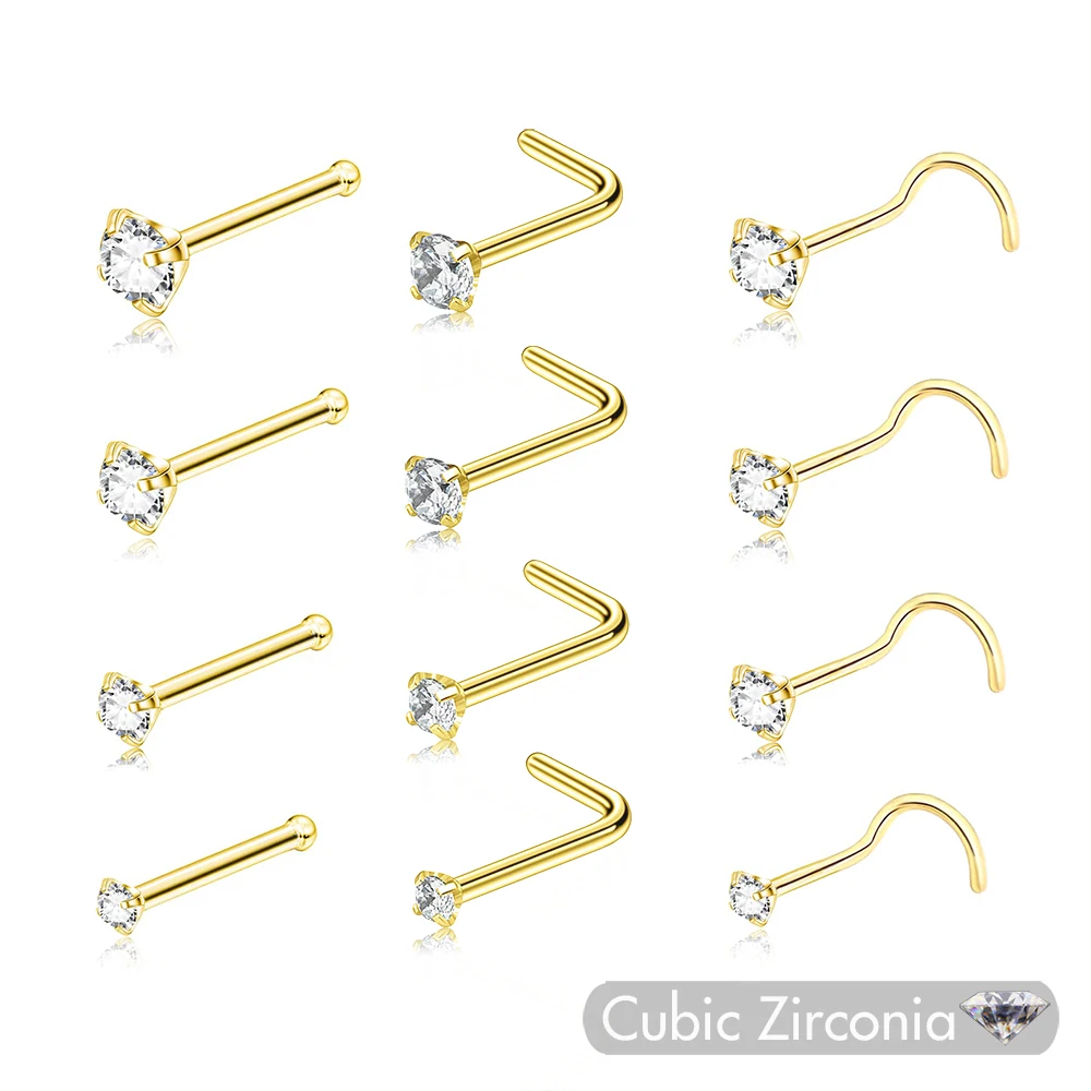 5 piezas de acero inoxidable para las mujeres, niña, piercings en las fosas nasales, anillos, joyería de perforación del cuerpo de cristal 1.5 2.0 2.5 3.0 mm 20g