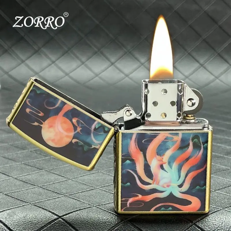 

Zorro lighter luminous nine-tailed fox creative relief tangcao personalized retro grinding wheel gift tide