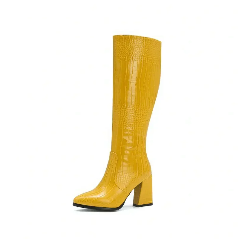 ZawsThia green yellow boots for woman snake skin PU leather block high heels zipper womens winter boots knee high long boots image 4