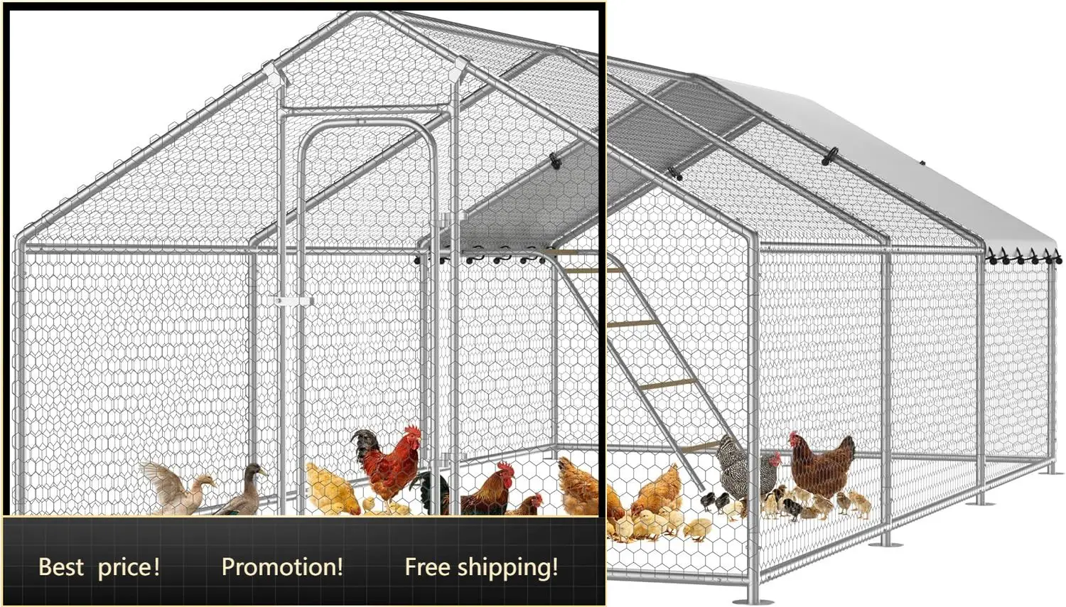 

Large Metal Chicken Coop with Roosting Perch, Chicken Hen Run Poultry Cage with Water-Resident Cover for Rabbit Duck House Walk-