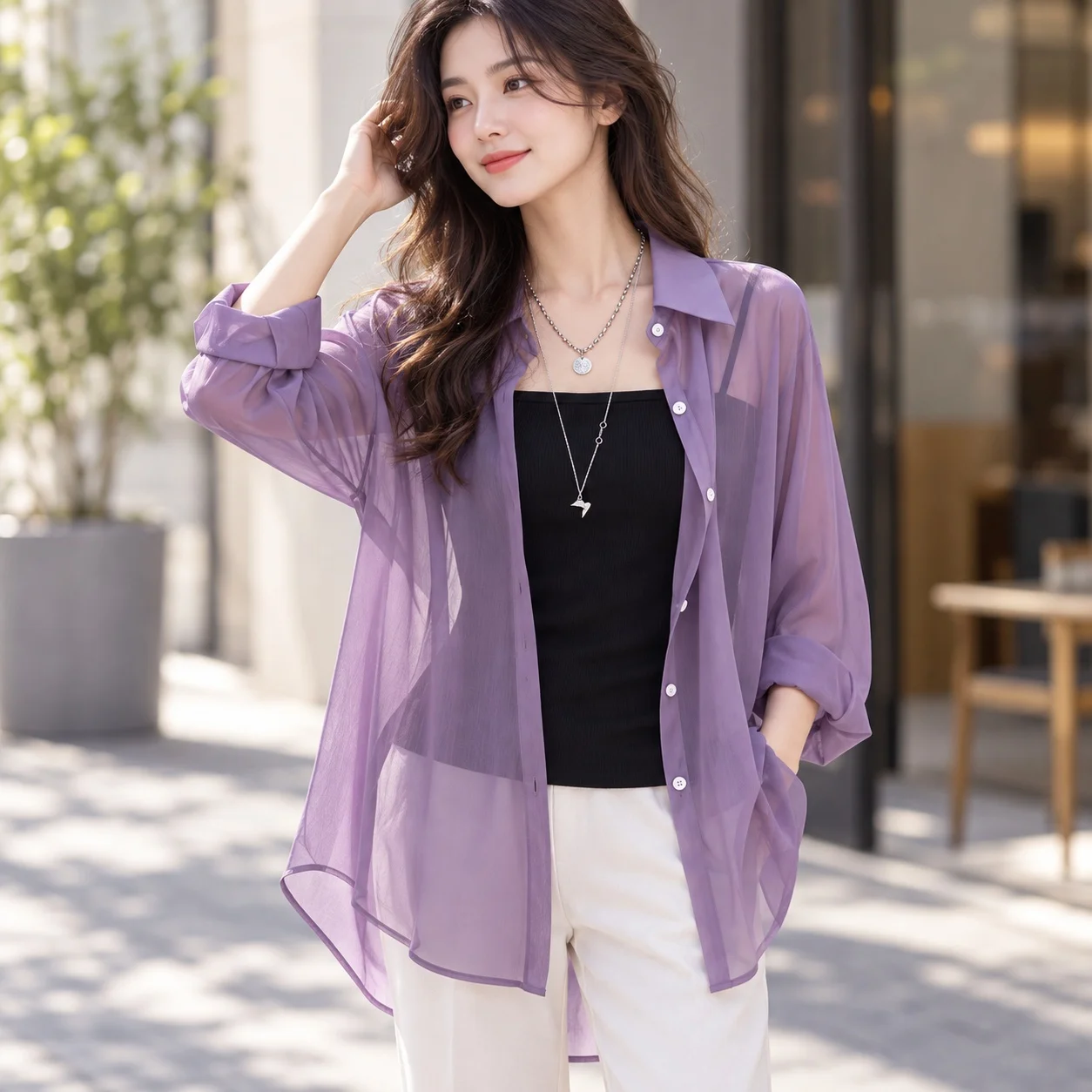 Casual Loose Fit Shirt Midi Length Elegant Commuter with Regular Sleeve Spring Notched Collar Mercerized Finish Women Blouse