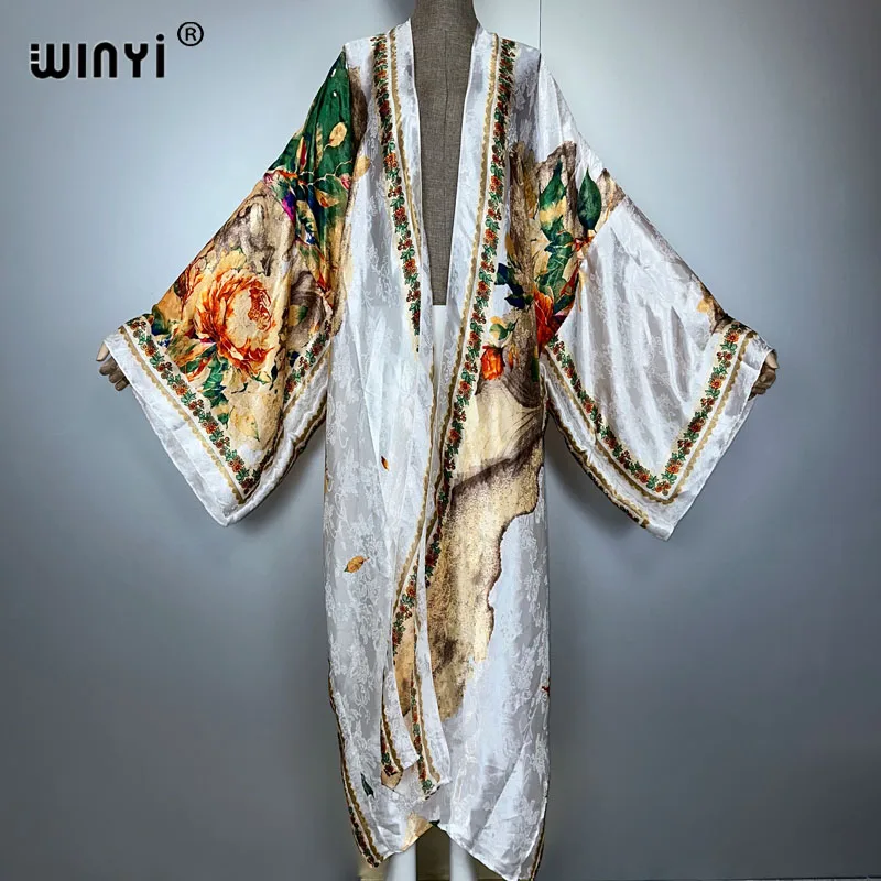 WINYI แฟชั่น boho พิมพ์ชุดกิโมโนชุดยาวผู้หญิงมุสลิม Cardigans ชุดชายหาด kaftan beach cover up party dress maxi coat