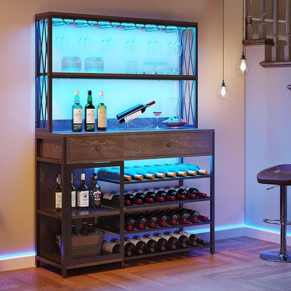 

47" Large Wine Rack Cabinet for Liquor & Glasses Coffee Bar With LED Lights Door Shelves & Drawers Home and Kitchen Freight free