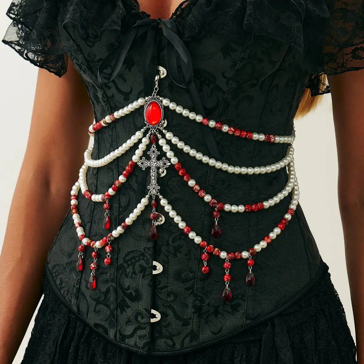 PuRui Gothic Blood Red Pattern Imitation Pearl Belly Waist Chains Halloween Creative Red Acrylic Rhinestone Tassel Body Jewelry