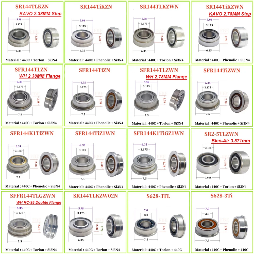 10Pcs Dental Handpiece Ceramic Bearing All Sizes NSKK Sirona Bien-Air COXO High Speed Air Turbine Cartridge Step Flange Bearing