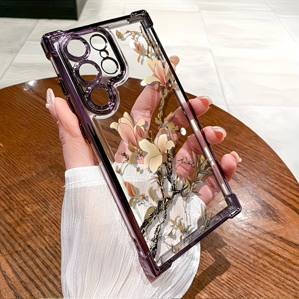 Classical Watercolor Magnolia Four-Corner Anti-Fall Phone Case For Samsung Galaxy S26 S25 S24 S23 S22 S21 Ultra Plus FE Cover view 4