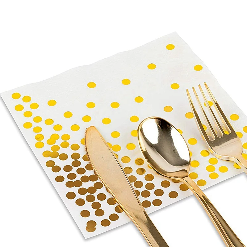 Gold Dot Cocktailservietten (100er-Pack) 3-lagige Papierservietten mit Goldfolien-Polka-Dots, perfekt für die Geburtstagsfeier