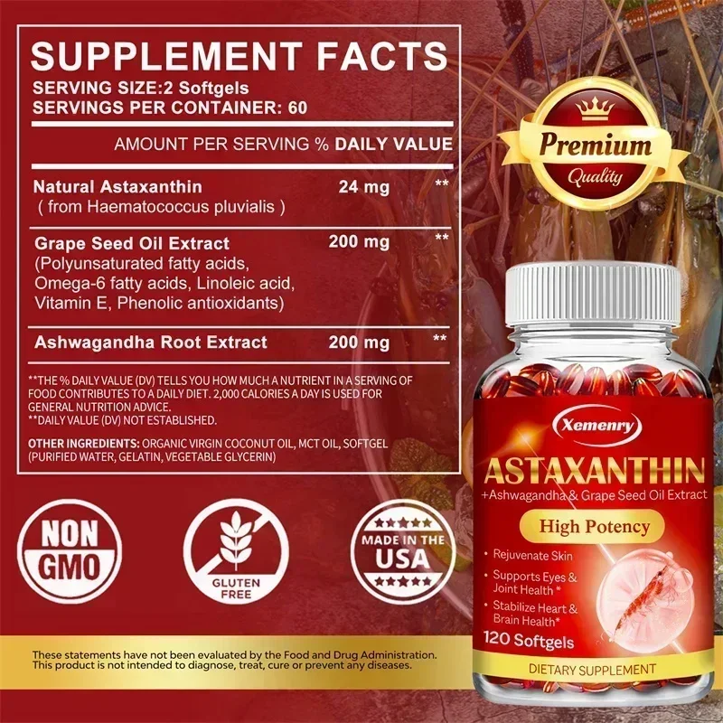 Astaxanthin Softgels - with Grapeseed Oil, Ashwagandha Extract,Support Eye, Skin, Joint,And Immune System Health