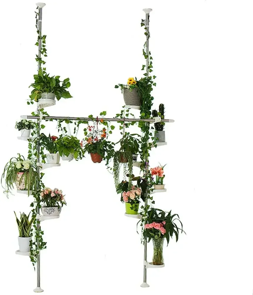 Plant Pole Stand Double Tension Rods Flower Pot Storage Shelf Holders  To Ceiling Display Rack Hanger 2 Hooks & 1 Telescopic Rod