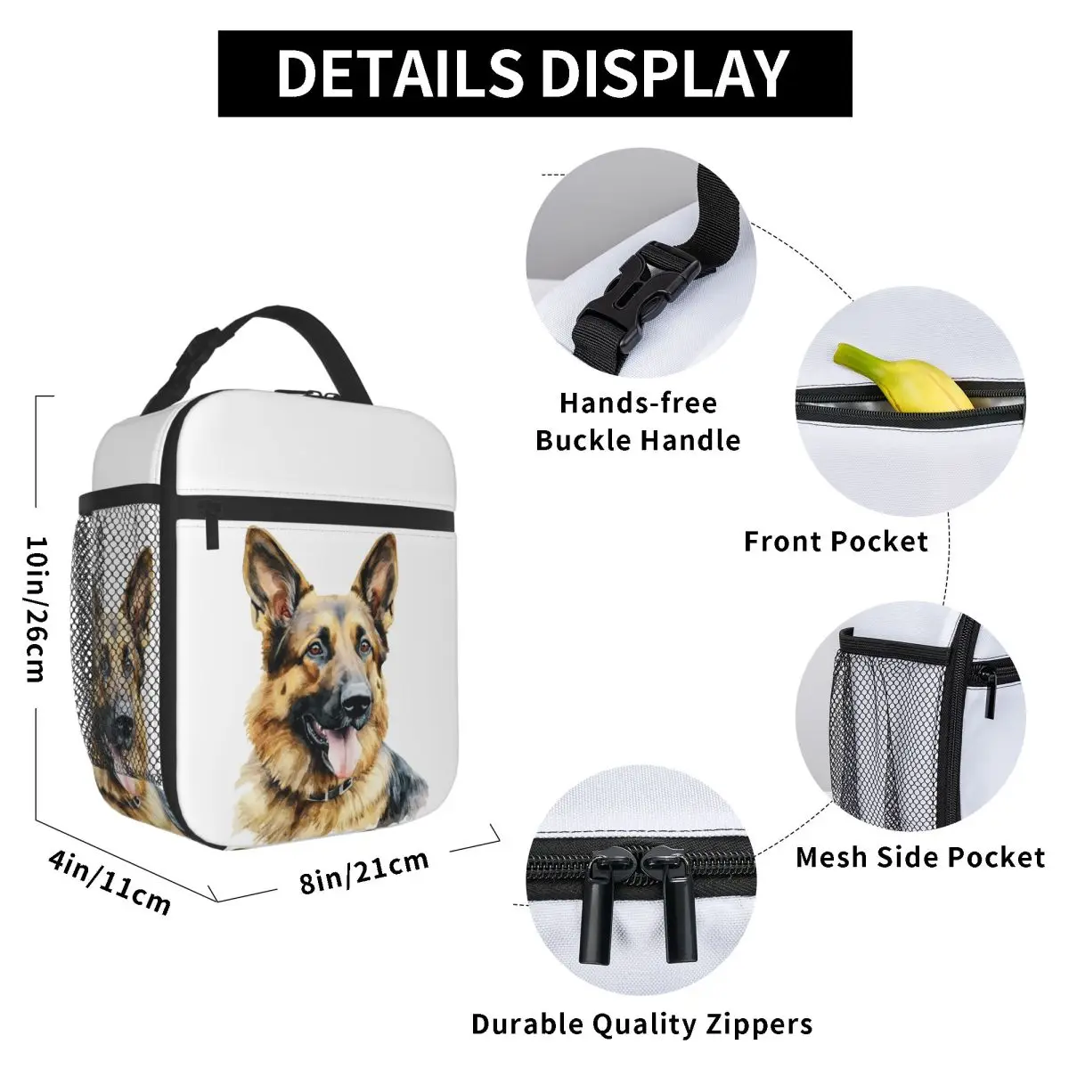 Watercolor German Shepherd Insulated Lunch Bag for Kids School Cooler Thermal Food Box Tote Portable Lunch Boxes Container