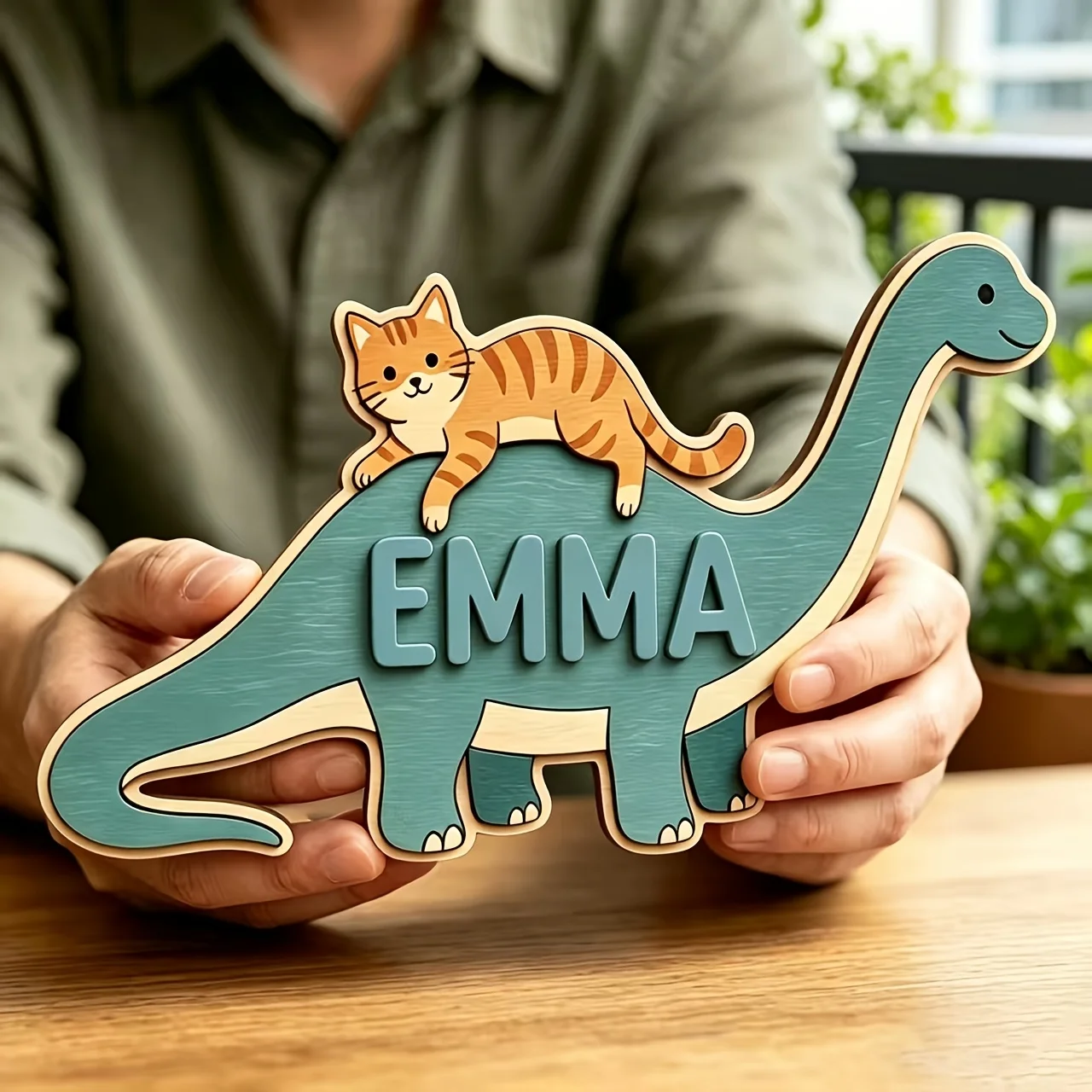 Personalized Cat Riding Dinosaur Name Room Sign, Customizable Cute Cartoon Wooden Plaque, Nursery Bedroom Decor, Sweet Gift - view 5