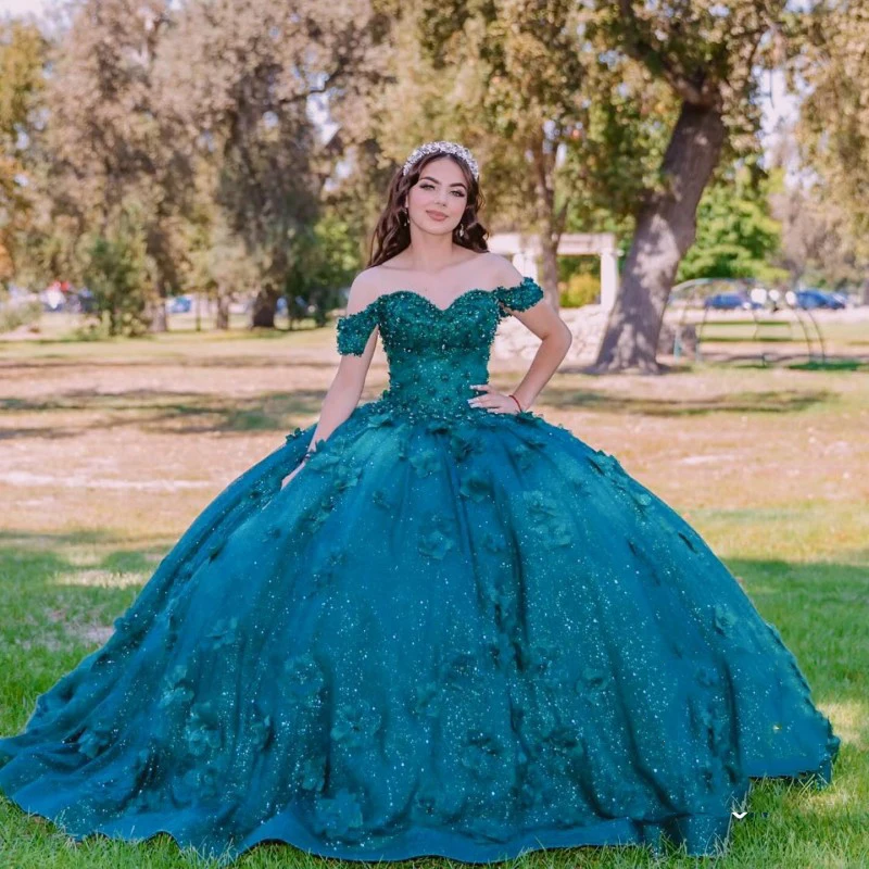 Lorencia-vestido De baile De quinceañeras con cuentas De flores en 3D, color verde esmeralda, con pedrería para cumpleaños, YQD261