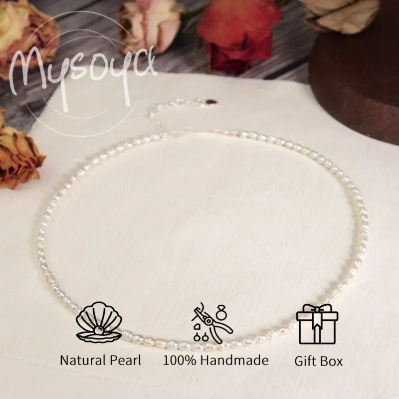 

MYSOYA ожерелье из белого рисового пресноводного жемчуга в стиле барокко 3-4 мм с подарочной коробкой для нее/дня рождения/свадьбы/Рождества/нового года