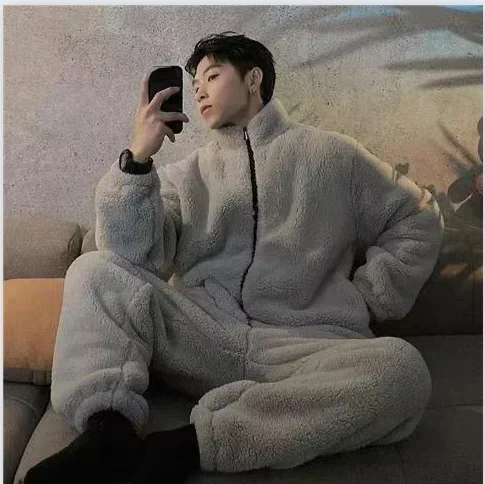 Zipper Pajamas for Men Fleece Winter Sleepwear Korean Pajamas in Set Couples Sleeping Wear Pijama 2 Pcs Pants Sets Home Suit