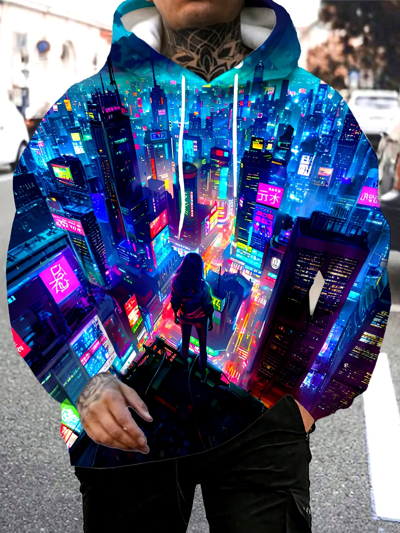 Unisex 3D Neon Cyber City Print Hoodie Loose Long Sleeve Streetwear Pullover Sweatshirt