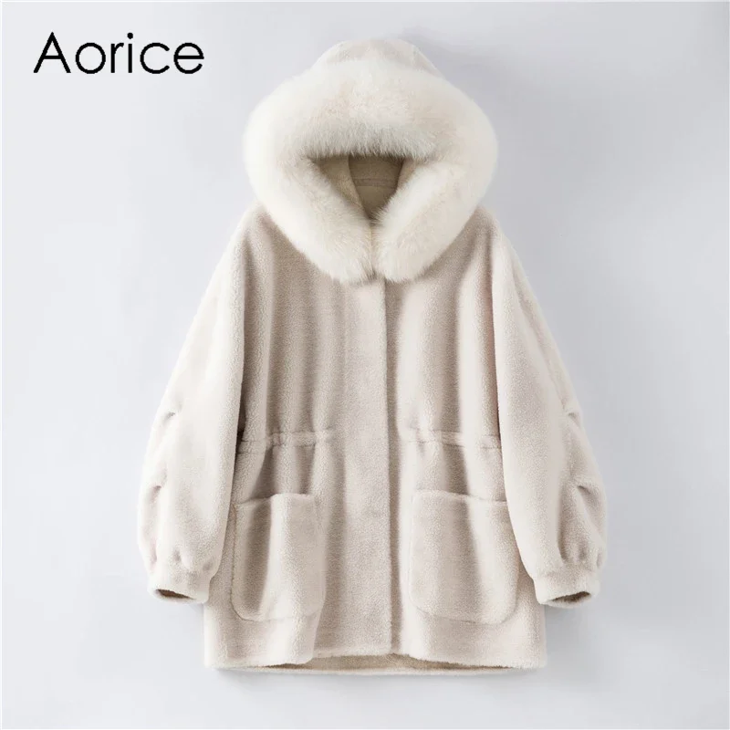 H18050 Aorice Women Real Fur Jacket Coat Female Wool Fur Parka Fox Fur Collar Hooded Coats Jackets