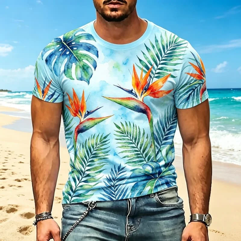 Men's Watercolor Floral and Tropical Plant Print Casual T-Shirts, Short Sleeve Crew Neck Tops for Summer and Nature Lovers