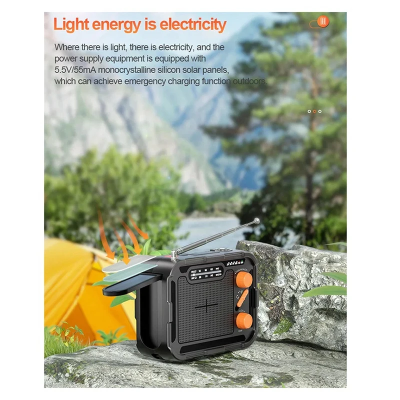 Solar Radio 5000mAh Emergency Solar Radio Hand Crank Charging with FM AM Weather Radios LED Reading Flashlight Bank Charger
