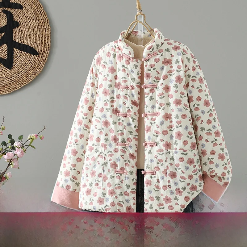 Thiened خفيفة الوزن الأزهار القطن Jaet فضفاضة تناسب خمر زر حتى معطف القطن الدافئ الخريف الشتاء جديد Sle ملابس خارجية