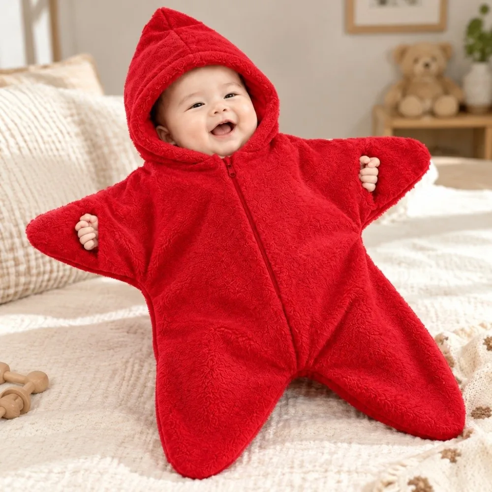 Cute Flannel Newborn Hooded Romper Soft Keep Warm Sleeping Bag Star Shape Infant Blanket Winter