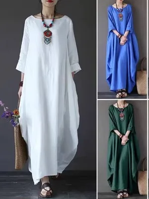 

Loose Cotton Linen Long Sleeve Dress Women's Casual Style Loose Waist Long Dress Maxi Dress Artistic Loose Fit round Neck