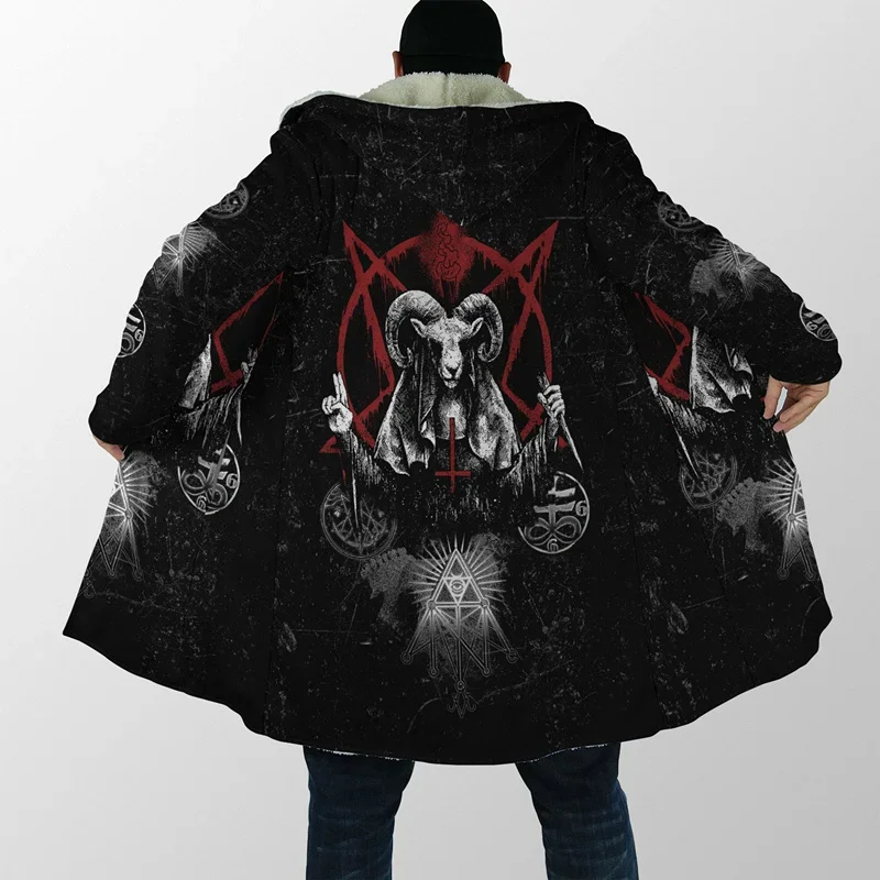 Men's Hooded Cloak Satan Demon Tattoo Skull 3D Printing Winter Fleece Trench Coat Unisex Casual Thicken Warm Hooded Cloak H008 images - 6