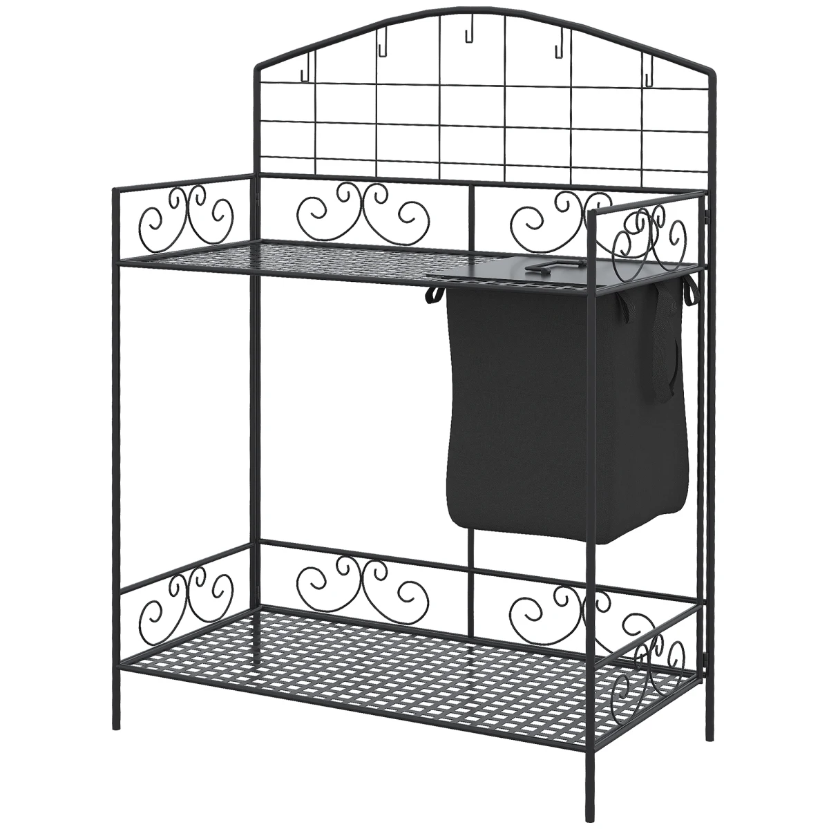 Outsunny Folding Potting Bench Table, Metal Garden Workstation, Work Bench with Large Build-In Bag with Cover, 5 Hanging Hooks & Storage Shelf, Flourishes