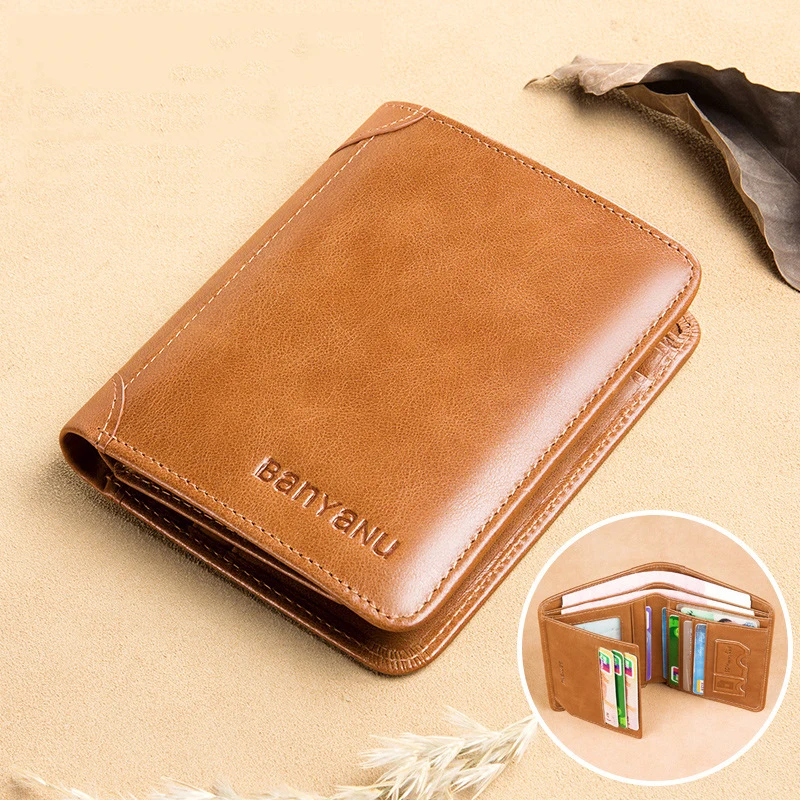 Men's Wallet Genuine Leather Rfid Blocking Trifold Wallets for Multi Function ID Credit Card Holder Male Purse Money Bag