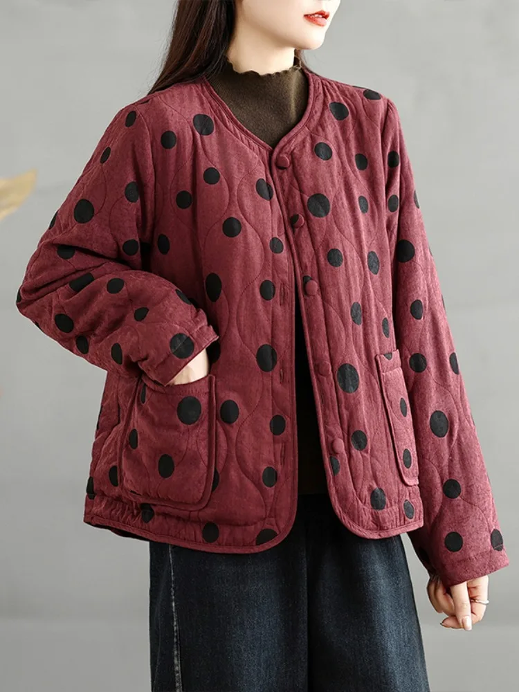 

Retro Polka Dot Cotton Linen ort Jaet Women's Winter Thiened Casual Anti-Aging Cotton Clothes Top for Mom