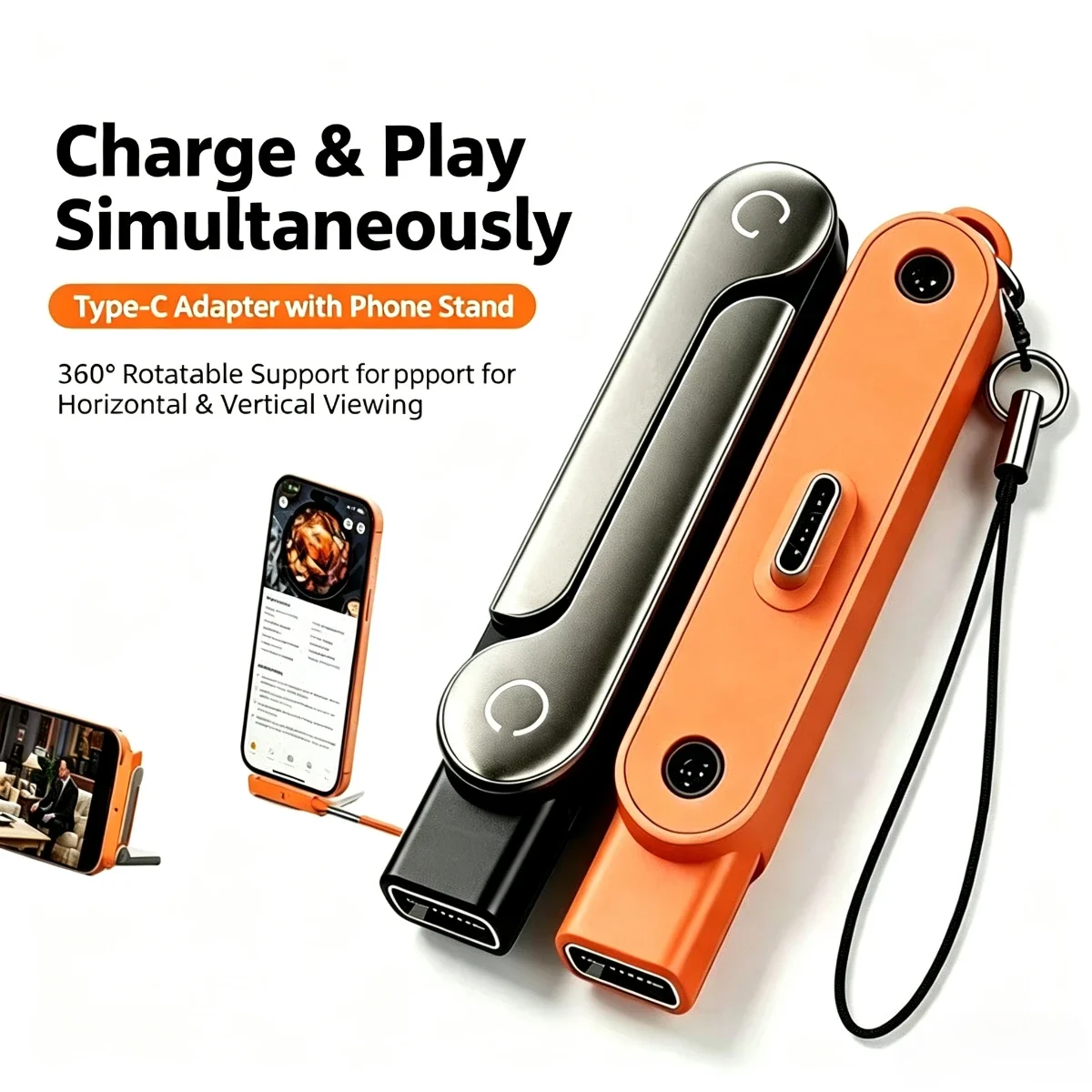 2-in-1 Typ-C Stecker-zu-Buchse-Adapter, 360° ° Drehbarer, faltbarer Telefonständer, schnelles Laden für Gaming-Telefone, schwarz-orange mit Trageband – Detail 1