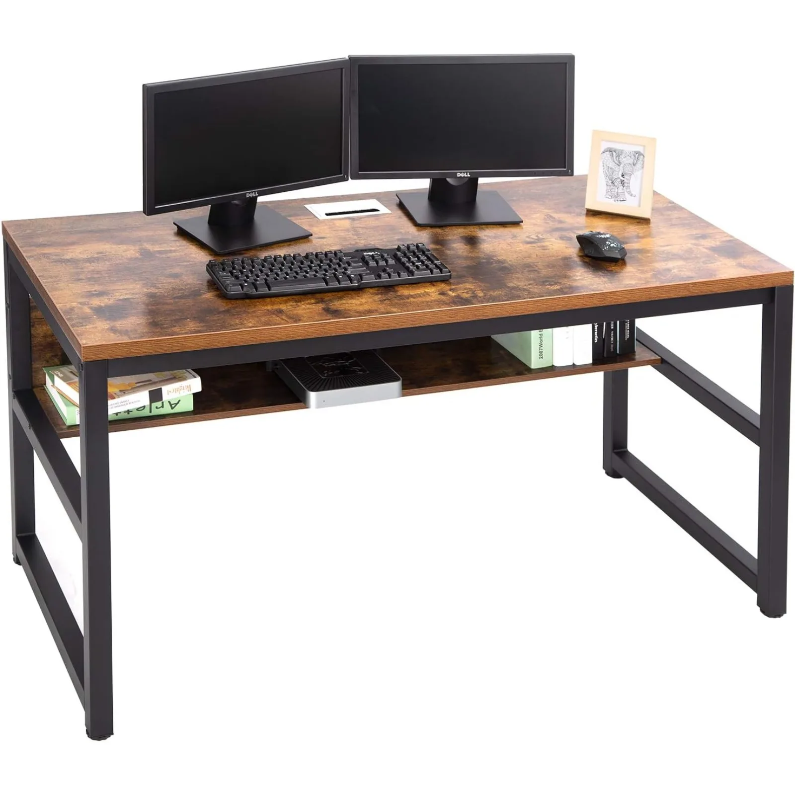 

US Computer Desk with Bookshelf/Metal Hole Cable Cover 1.18" Thick Desk (55", Rustic Brown)