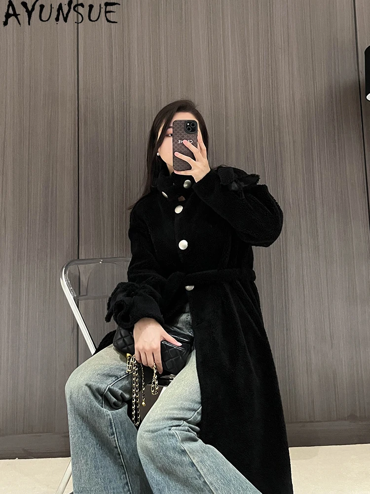 AYUNSUE 100% เสื้อขนสัตว์ธรรมชาติสําหรับผู้หญิงคุณภาพสูงกลางความยาวเสื้อขนสัตว์เสื้อผ้าผู้หญิงฤดูหนาวใหม่ในOuterwears Abrigo Mujer