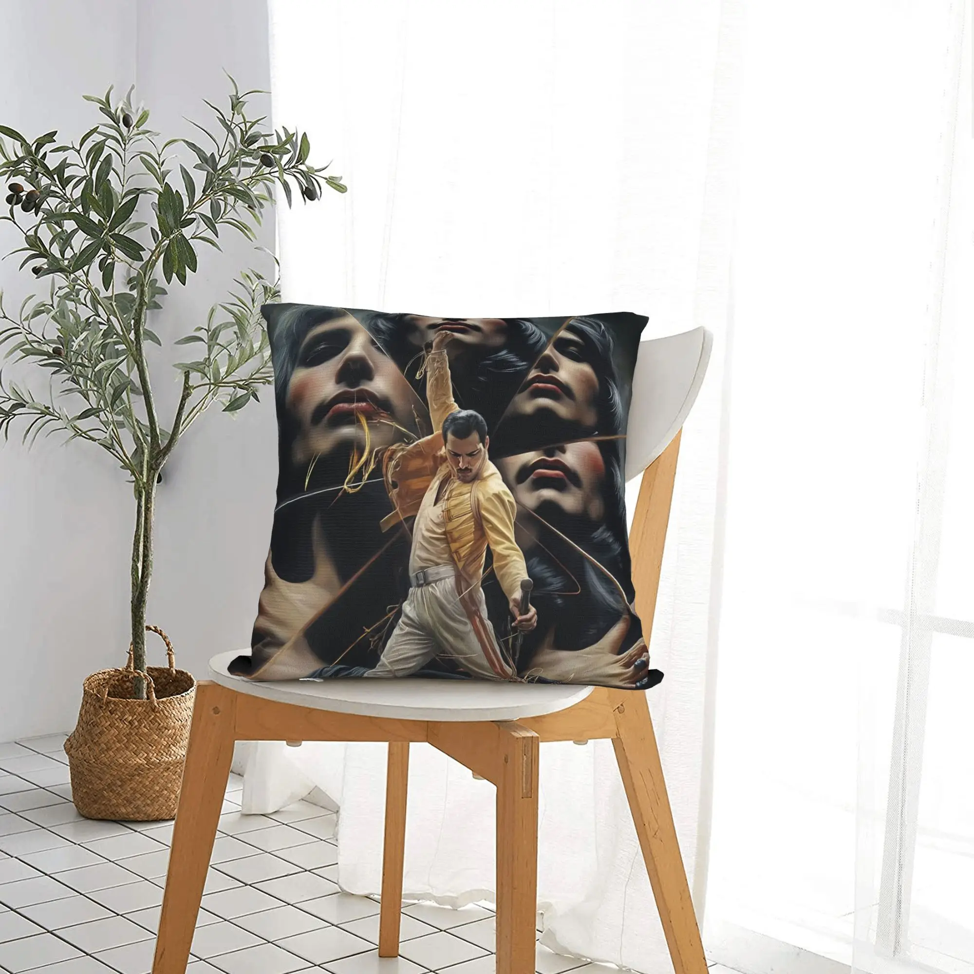 1pc Freddie Mercury Rock Star Throw Pillow Cover Polyester 2D Double‑Sided Print for Sofa Living Room Fan Aesthetic Home Decor