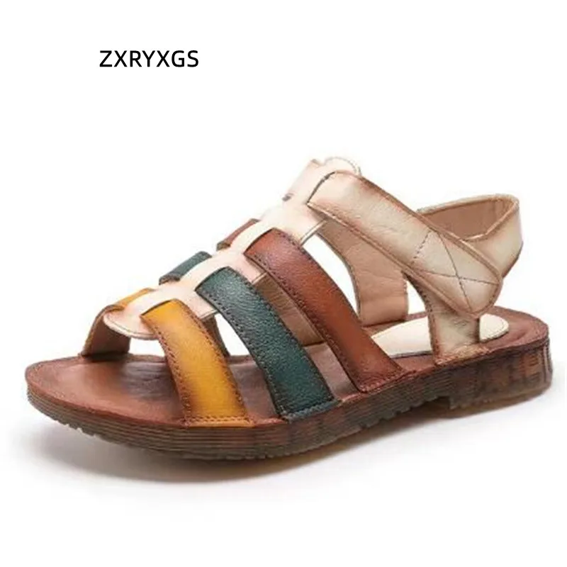 

Promotion 2023 New Summer Spell Color Genuine Leather Roman Sandals Summer Ladies Sandals Beach Shoes Flat Sandals for Women