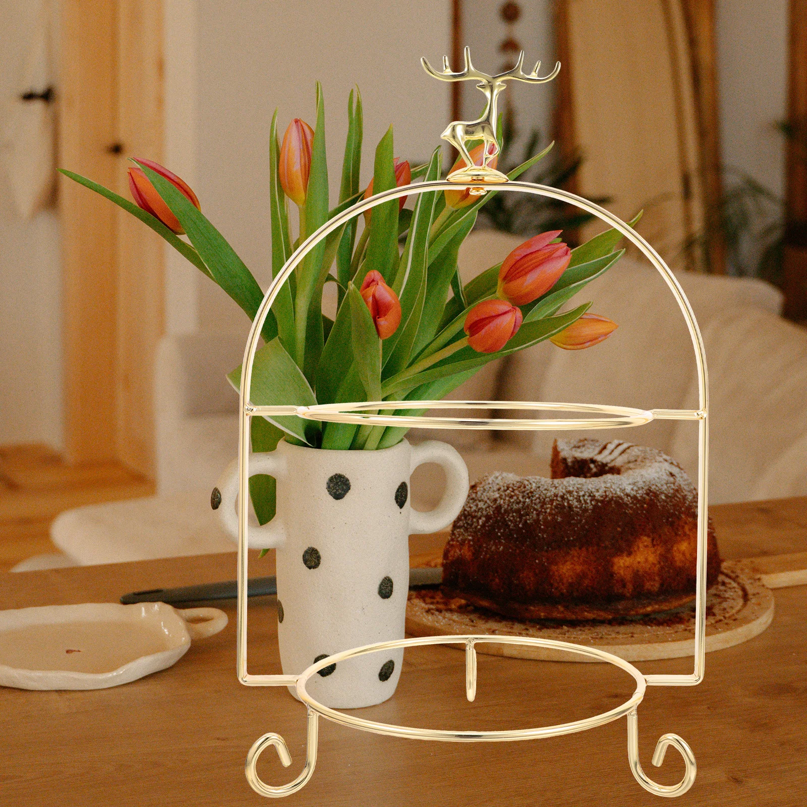 حامل كعكة حديدي ساحر مكون من طبقتين، تصميم أنيق لحفلات زفاف الشاي بعد الظهر، تخزين مدمج ومريح