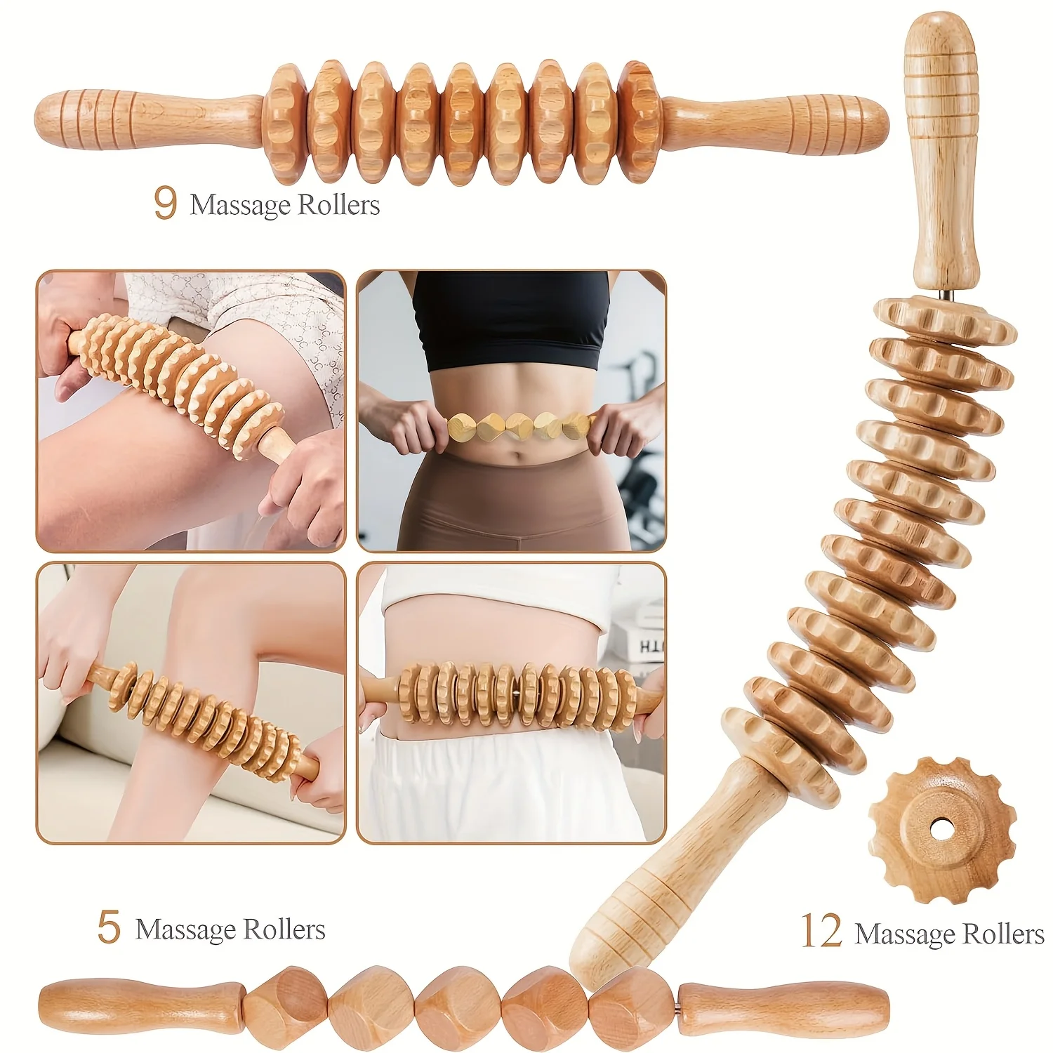 3-Piece Wooden Massage Roller Set, Including 12-Roller, 9-Roller, Suitable for Use on the Hands, Suitable for Both Men and Women