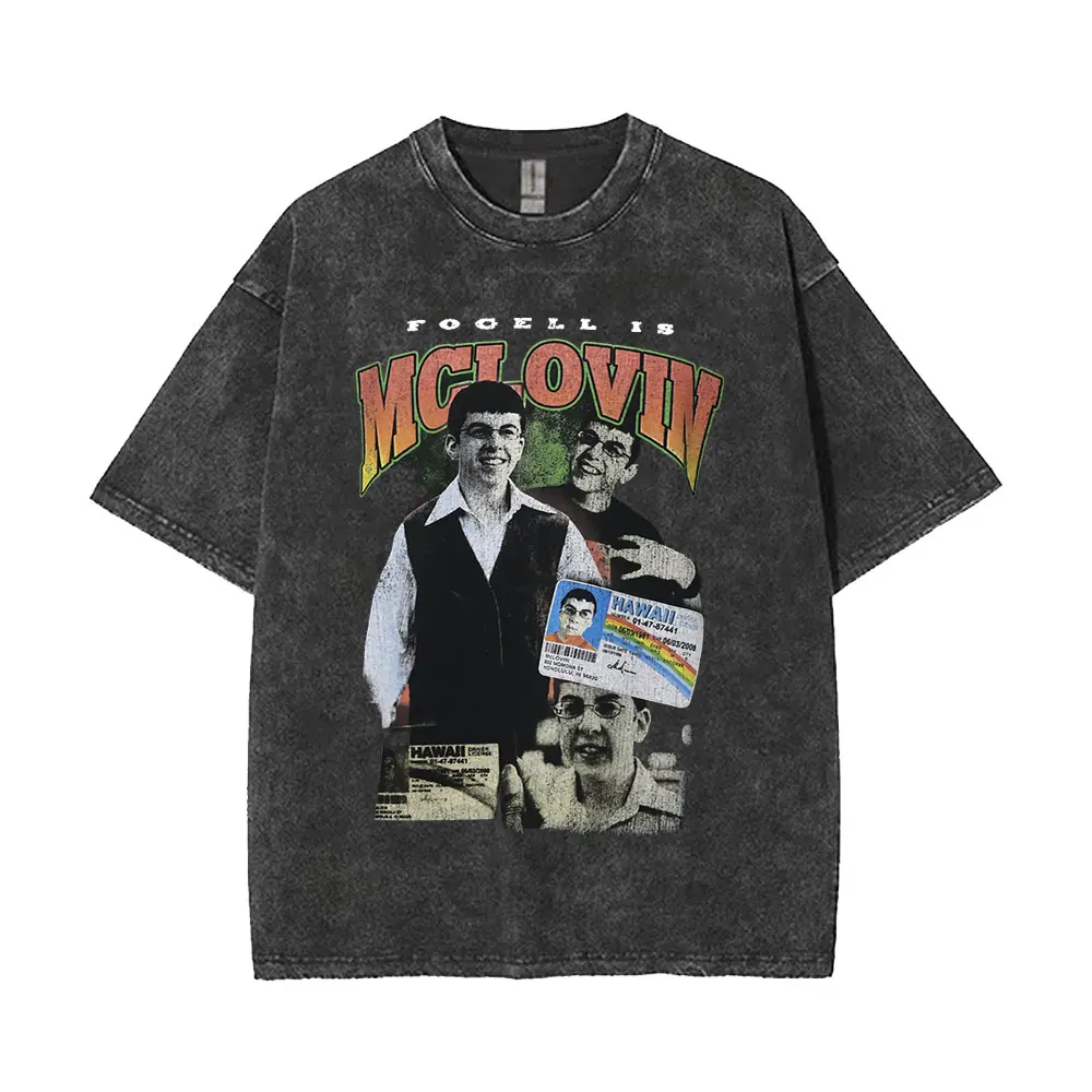 Gewaschenes Vintage-Film-T-Shirt mit lustigem Mclovin-Grafikdruck für Männer und Frauen, lässiges Humor-T-Shirt, Herrenmode, Oversize-Streetwear – Detail 4
