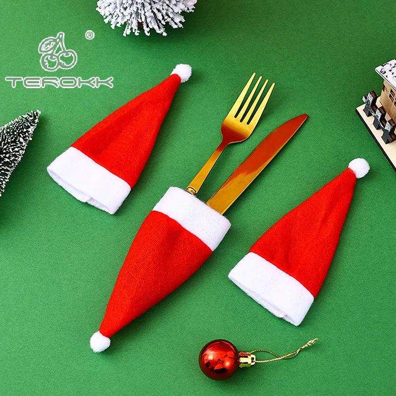 10PCS Mini Christmas Hats Cutlery Knifes Forks Holders Silverware Holder Xmas Hat Tableware Cutlery Bags