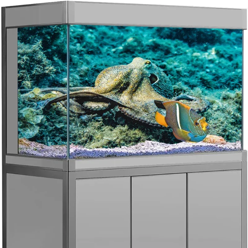 

3D Aquarium Background Poster PVC Adhesive Sticker Fish Tank Submarine Octopus 3D Ocean Sea Plants Background Sticker