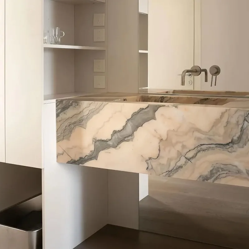 Vintage Blush Wall-Mounted Sink | Narrow Rim Deep Basin | Italian Minimalist Seamless Stone Vanity | Integrated Bathroom Sink