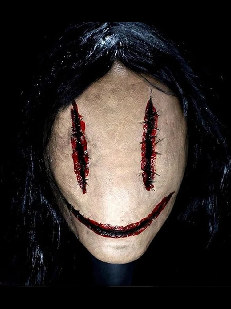 Maschera da festa in maschera horror di Halloween Maschera da festa insanguinata realistica horror smiley Cosplay Maschera pullover in lattice complicata con oggetti di scena per costumi per capelli