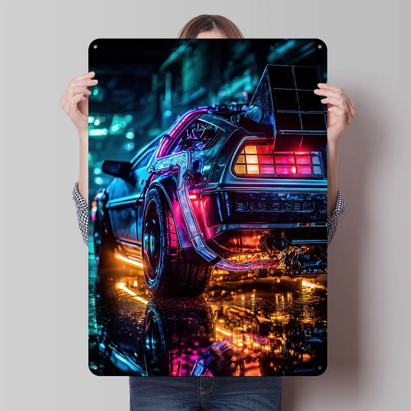 Cyberpunk DeLorean Time Machine Printed Poster Customized Wall Art Retro Vintage Metal Tin Signs for Garage House Decor Man Cave