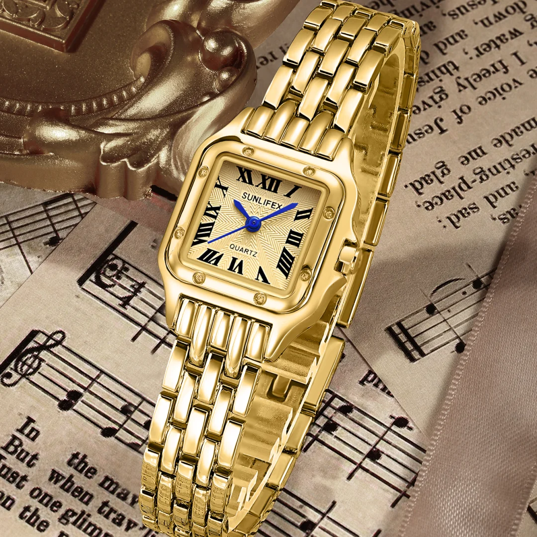 Women's Fashion Square Watches Gold Stainless steel band Ladies Quartz Wristwatches Qualities Female Roman Scale Clock Gift