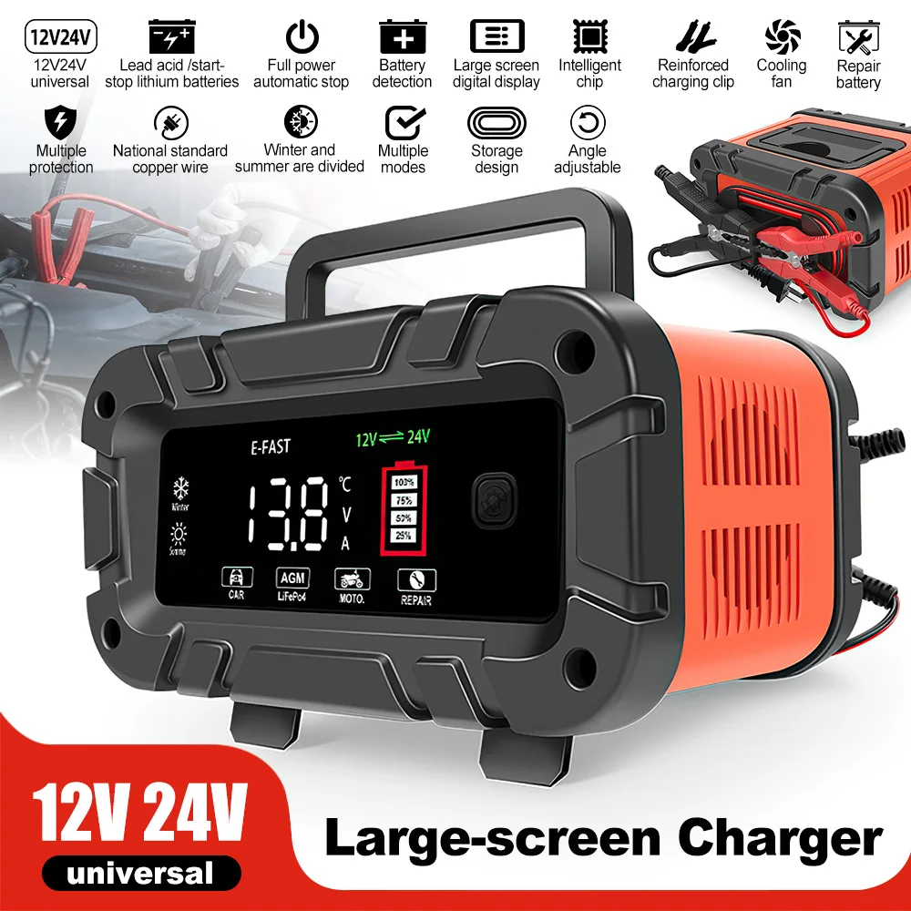 

10A 12V 24V Car Battery Smart Charger Multifunctional Motorcycle SUV Truck LED Display Pulse Repair Battery Charging