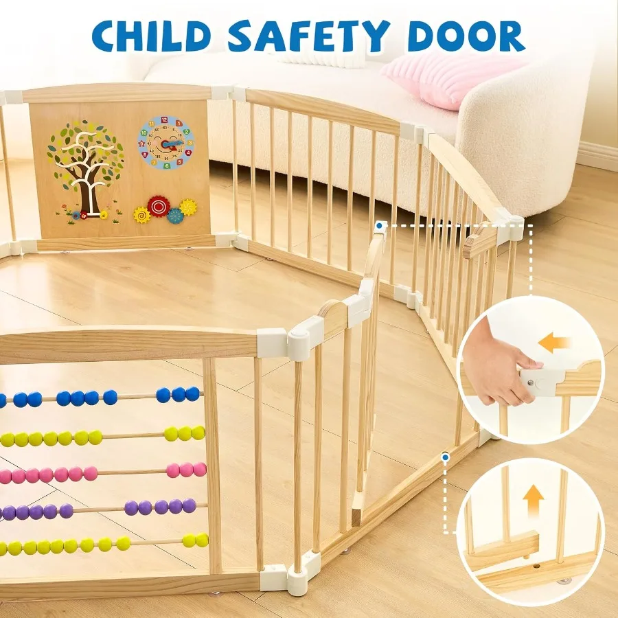 Drewniany kojec dla niemowląt i małych dzieci, składany kojec z blokadą, regulowany rozmiar i kształt, plac zabaw dla dzieci, 8 paneli.