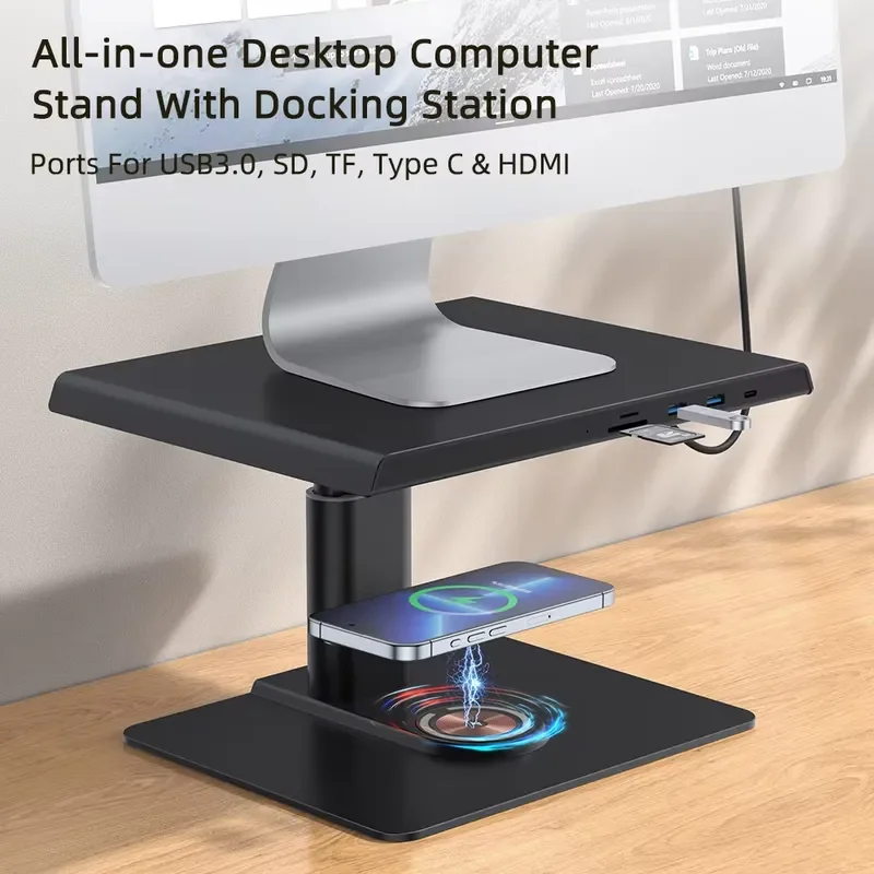 Factory Price Desk Storage Organizer with USB 3.0 Hub and Wireless Charger Metal Computer Laptop Monitor Stand Lifter