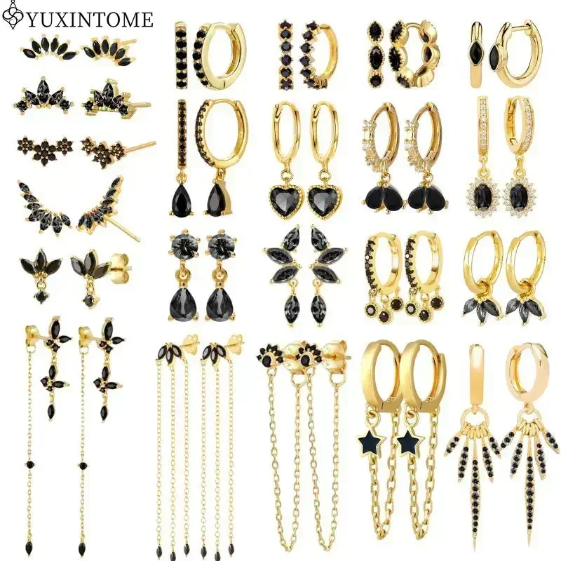 Pendientes YUXINTIME de Plata de Ley 925 con aguja para oreja, pendientes dorados de circón negro para mujer, pendientes colgantes geométricos, joyería de boda de moda