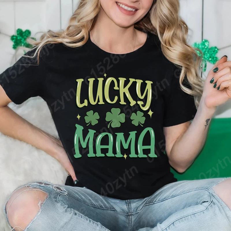 St Patrick's Day Clover Lucky Mama Print T-shirts Women Summer Short Sleeve Crew Neck Cute Loose Tees Creative Personalized Tops