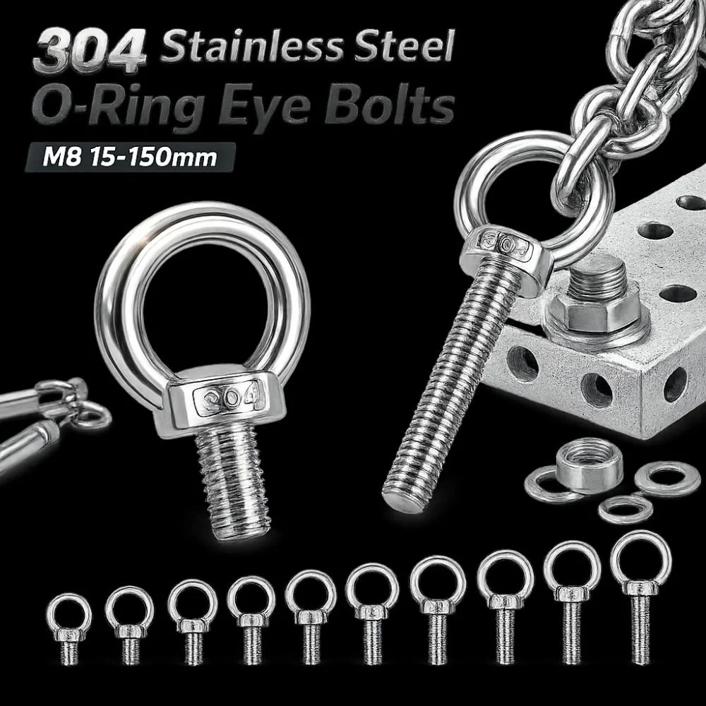 304 Stainless Steel Eye Bolts Heavy-Duty M8 15-150mm O-Ring Extended Bolts Hand-twisting Rust Prevention Lifting Bolts Eyelets