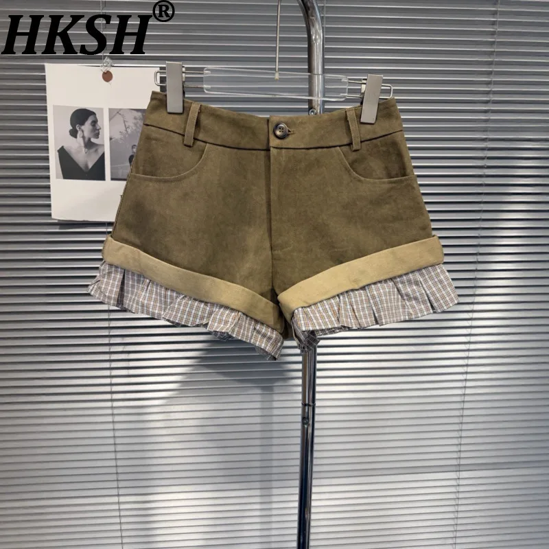 HKSH Women Cotton Shorts Vintage Fashion Rolled Hem Plaid Plated Patchwork Design High Street Stylish Bottoms Autumn New HK27138